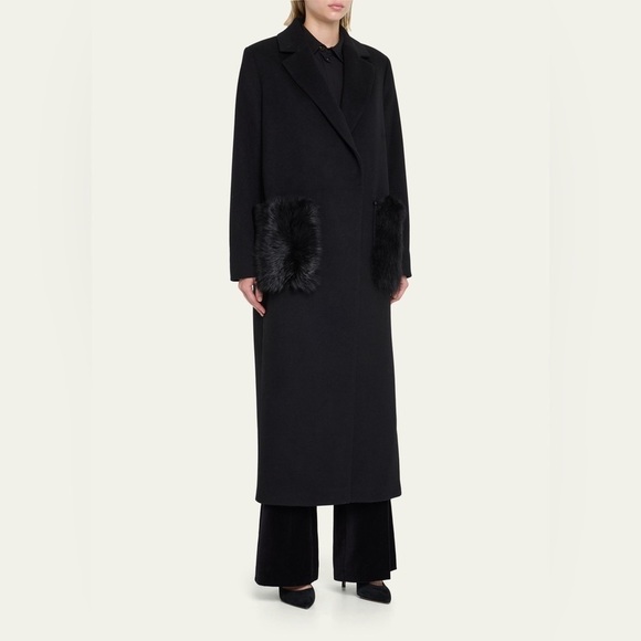 New Kobi Halperin Notched Collar Wool Blend Coat Fur Pockets Shearling Black XS - Picture 13 of 16